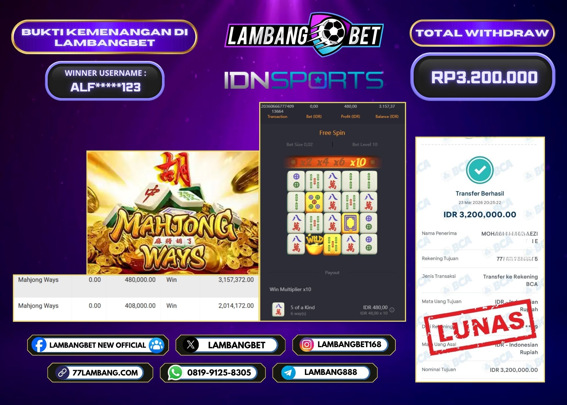 LAMBANGBET [23 MARET 2026] JACKPOT SLOT Mahjong Ways "Rp3.200.000" LUNAS